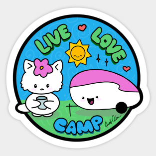 “Live, love, camp” - camp trailer with kawaii kitty Sticker